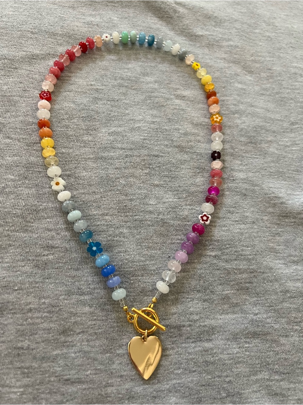 Gold Heart Pendant Multicolor Beaded Necklace
